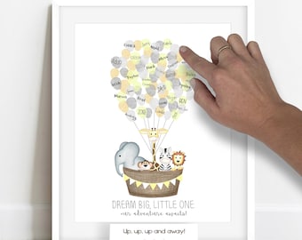 INSTANT DOWNLOAD hot air balloon fingerprint guestbook, gender neutral jungle baby shower ideas, jungle safari baby shower fingerprint tree