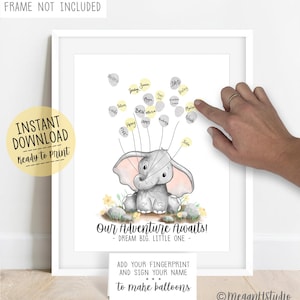May include: A white poster featuring a grey elephant illustration with pink ears, sitting among rocks and flowers. Above the elephant are grey and yellow balloon shapes with names written on them. The text reads Our Adventure Awaits! - DREAM BIG. LITTLE ONE - and ADD YOUR FINGERPRINT AND SIGN YOUR NAME to make balloons.