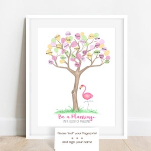 Personalized Pink Flamingo Fingerprint Tree, Zoo Themed Birthday Decor, Flamingo Baby Shower, Tropical Theme Graduation Retirement Party image 5