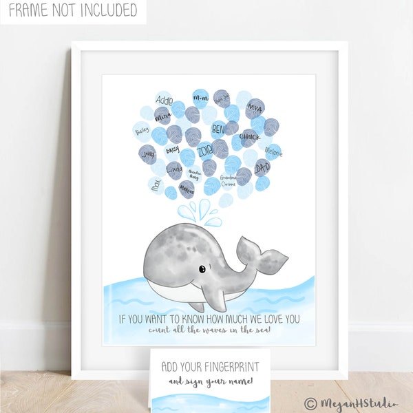 INSTANT DOWNLOAD Fingerprint Whale Poster, Whale Theme Birthday Party, Nautical Baby Shower, Nautical Kids Room, Nautical Nursery Thumbprint