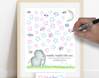 INSTANT DOWNLOAD elephant gender guess signature poster, guess the gender activity, gender reveal party, twinkle little star baby reveal