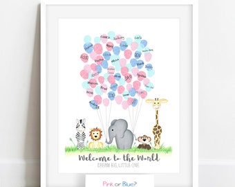 INSTANT DOWNLOAD gender reveal party guestbook, gender guess, jungle safari baby shower, pink or blue fingerprint tree, zoo theme shower art