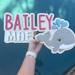 Whale Layered Wooden Nursery Name Sign, Nautical Nursery Theme Ideas, 3D Wooden Whale Name Sign for Kids Room, Ocean Theme Kids Name Sign