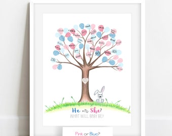 INSTANT DOWNLOAD Bunny gender reveal party, fingerprint tree, gender guess, woodland baby shower, gender reveal activity ideas, rabbit decor