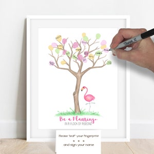 Personalized Pink Flamingo Fingerprint Tree, Zoo Themed Birthday Decor, Flamingo Baby Shower, Tropical Theme Graduation Retirement Party image 4