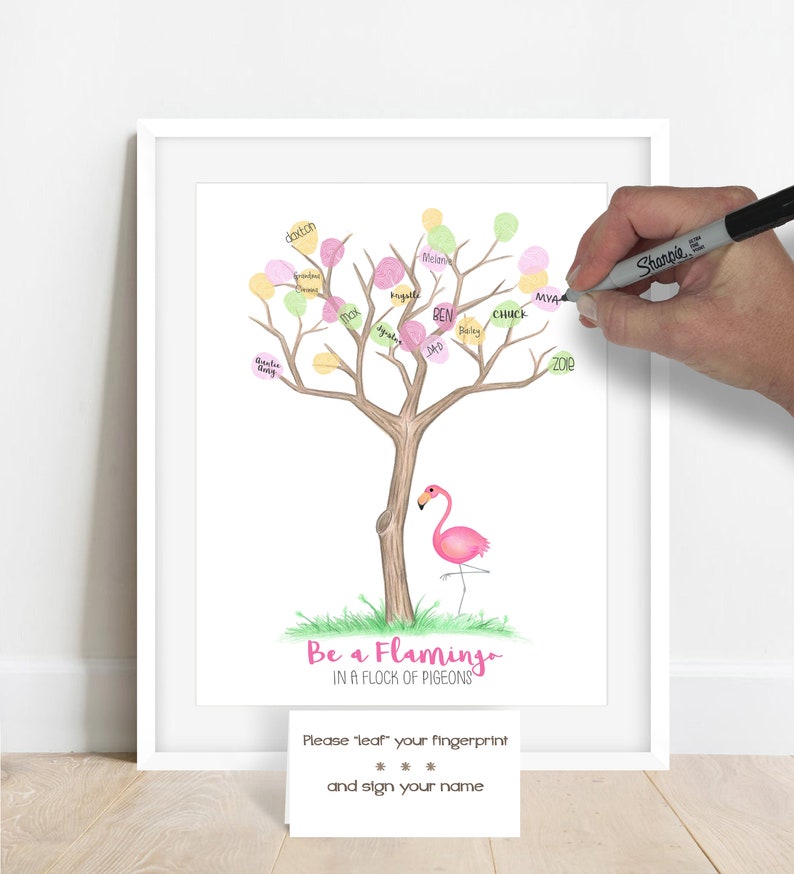 Personalized Pink Flamingo Fingerprint Tree, Zoo Themed Birthday Decor, Flamingo Baby Shower, Tropical Theme Graduation Retirement Party image 4