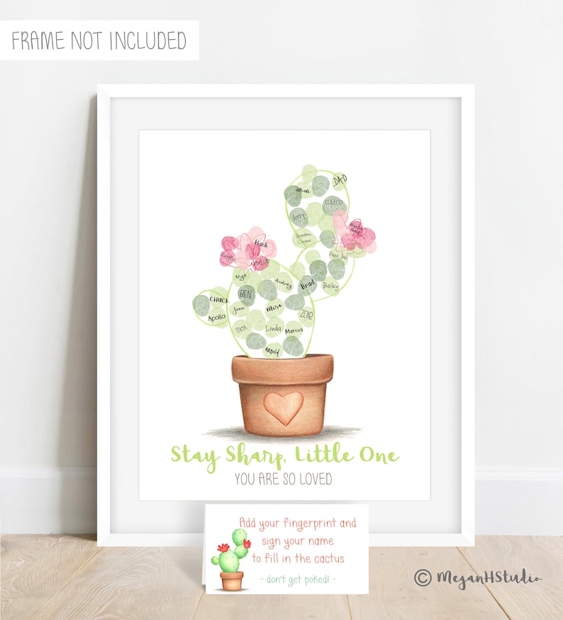 thumbprint cactus guestbook alternative shown with pink and green fingerprints added to fill in the outline of a cactus, shown in a terracotta style pot with text stay sharp little one, you are so loved below, meganhstudio