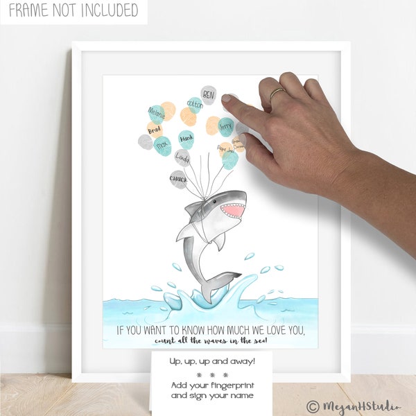 Shark Birthday Thumbprint Tree, Fingerprint Shark Baby Shower Ideas, Shark Birthday Party Decor, Fingerprint Guestbook Alternative