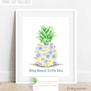 Beach baby shower ideas, boys hawaiian   baby shower, fingerprint pineapple guestbook, thumb print pineapple, pineapple nursery decor