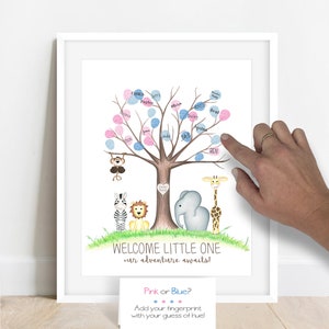 Gender Reveal Party Fingerprint Tree, Jungle Gender Reveal Fingerprint Guestbook, Pink or Blue, Jungle Safari Baby Shower Ideas, Gender Vote