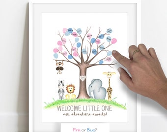 Gender Reveal Party Fingerprint Tree, Jungle Gender Reveal Fingerprint Gastenboek, Roze of Blauw, Jungle Safari Baby Shower Ideeën, Geslacht Stem