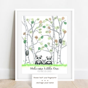 May include: A framed print featuring a whimsical illustration of a family of pandas beneath birch trees with green and brown leaves. The text "Welcome Little One, You Are So Loved" is displayed. A card encourages guests to leave fingerprints.