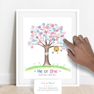 INSTANT DOWNLOAD What Will Baby BEE, Honey Bee Gender Reveal Fingerprint Tree, Thumb Print Tree Guest Book, Bee Baby Shower Sign, Bumble Bee