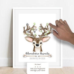 Gender Neutral Woodland Baby Shower Guest Sign In Poster, Deer Head Baby Shower, Thumbprint Tree, Fingerprint Buck, Guestbook Alternative