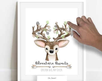 Gender Neutral Woodland Baby Shower Guest Sign In Poster, Deer Head Baby Shower, Thumbprint Tree, Fingerprint Buck, Guestbook Alternative