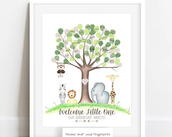 Personalized Jungle Safari Baby Shower Fingerprint Tree Guestbook Alternative with Custom Text