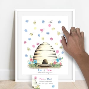 What will our honey BEE? Bumble bee gender reveal party, bee baby shower finger print tree, guess the gender thumb print tree, gender vote