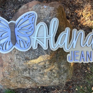 Layered Butterfly Wooden Nursery Name Sign, Butterfly Baby Name Sign, 3D Wooden Butterfly Kids Name Sign for Kids Room, Custom Name Signs