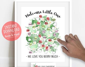 May include: A white poster featuring a watercolor strawberry plant illustration with the text Welcome Little One and WE LOVE YOU BERRY MUCH. The design includes multiple strawberries intended for fingerprints and names, plus a small instruction card.