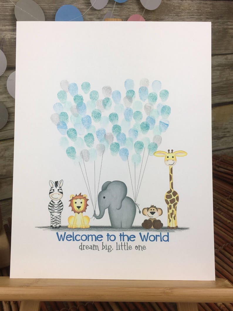 zebra INSTANT DOWNLOAD 8x10 fingerprint guestbook featuring jungle animals holding balloon strings lion monkey and giraffe zoo elephant