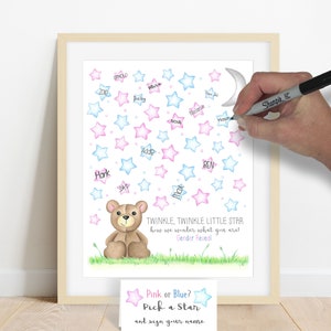 INSTANT DOWNLOAD teddy bear gender reveal, star guestbook alternative, twinkle twinkle little star, how we wonder what you are, gender guess image 3