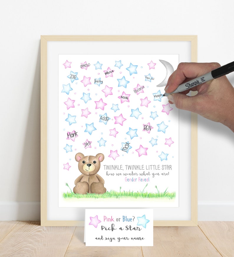 INSTANT DOWNLOAD teddy bear gender reveal, star guestbook alternative, twinkle twinkle little star, how we wonder what you are, gender guess image 3