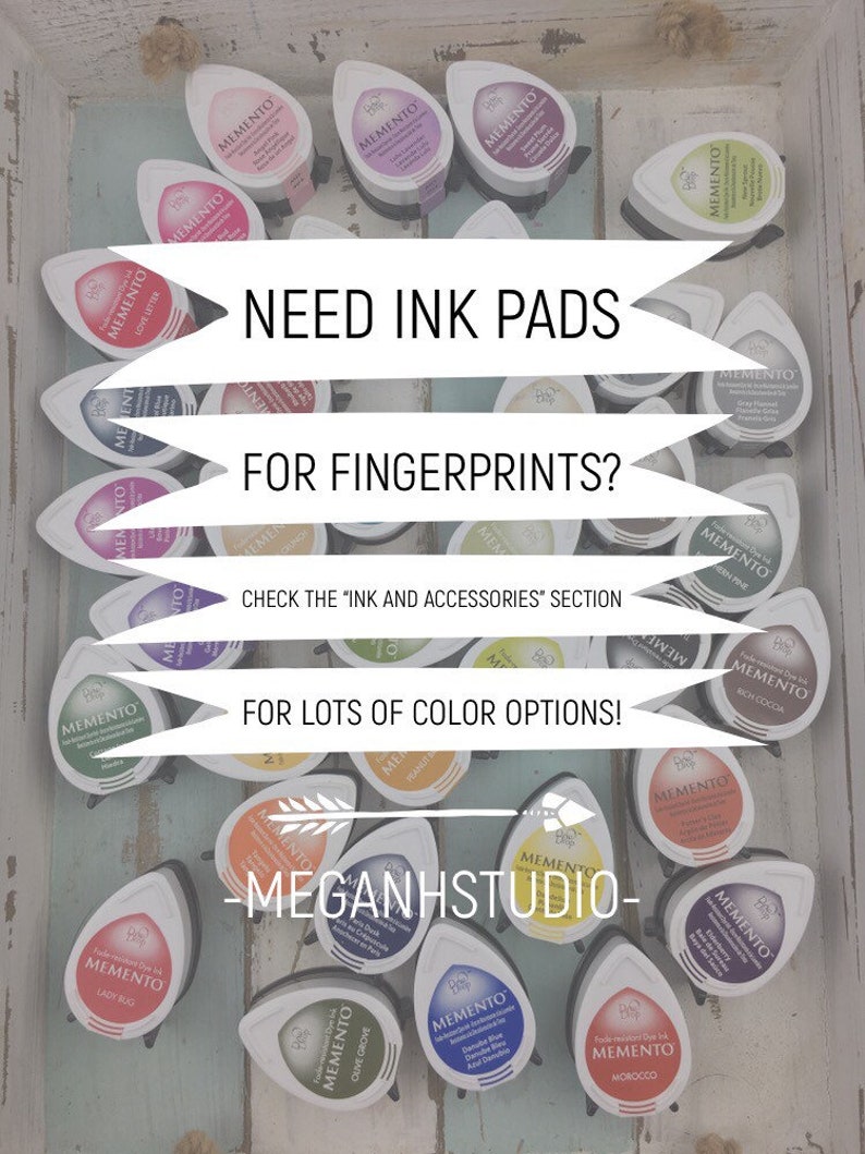 memento dew drop ink pads for fingerprint guestbook alternatives shown in 36 different colors and available from MeganHStudio