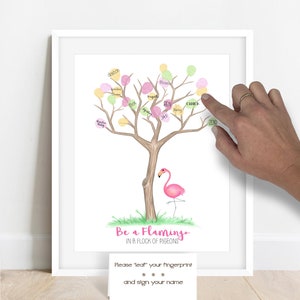 Personalized Pink Flamingo Fingerprint Tree, Zoo Themed Birthday Decor, Flamingo Baby Shower, Tropical Theme Graduation Retirement Party image 3