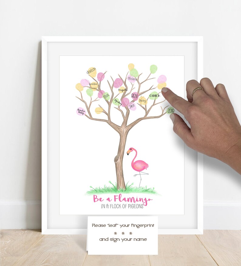 Personalized Pink Flamingo Fingerprint Tree, Zoo Themed Birthday Decor, Flamingo Baby Shower, Tropical Theme Graduation Retirement Party image 3