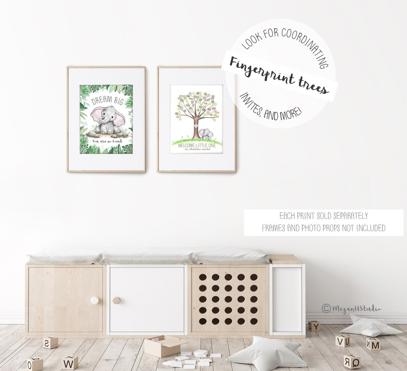 Elephant baby shower thumbprint tree, watercolor elephant nursery wall art, safari guestbook alternative fingerprint tree, baby shower ideas image 9