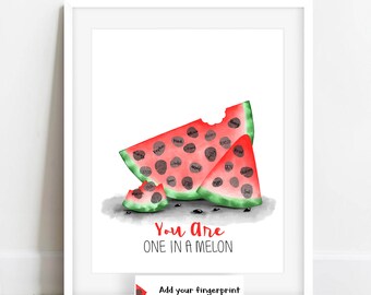 INSTANT DOWNLOAD one in a melon baby shower fingerprint watermelon, thumbprint poster, watermelon party, Teacher Gift, summer birthday party