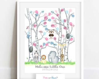 INSTANT DOWNLOAD zoo animal gender reveal tree, zoo gender reveal, gender reveal thumbprint tree, zoo baby shower idea, gender guess sign in