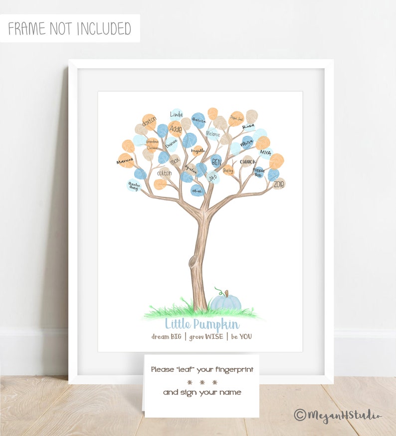 Fingerprint tree for a boy's fall baby shower with a light blue pumpkin below a tan tree. This is shown with blue, orange and tan fingerprints added in the branches and a card that says please "leaf" your fingerprint and sign your name
