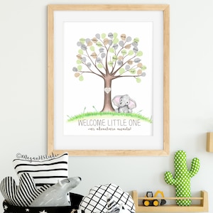 Elephant baby shower thumbprint tree, watercolor elephant nursery wall art, safari guestbook alternative fingerprint tree, baby shower ideas image 6