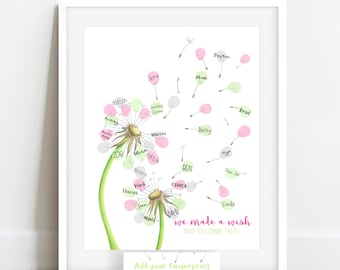 INSTANT DOWNLOAD Duimafdruk meisje paardenbloem gastenboek, babyshower paardebloem, bord paardenbloem gastenboek, ideeën babyshower meisjes, zomer