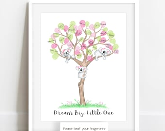 Girls Koala bear baby shower thumbprint tree, guestbook alternative, australian outback theme, zoo animals, koala bear nursery wall Art