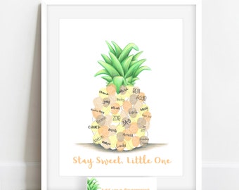 INSTANT DOWNLOAD hawaiian baby shower idea, thumbprint pineapple, pineapple fingerprint tree, pineapple theme, tropical baby shower neutral