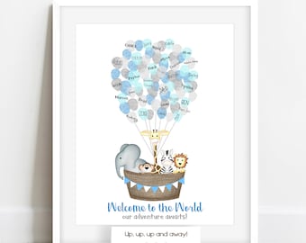 Jungle Safari Baby Shower Ideas, Jungle Fingerprint Poster, Thumbprint Balloon Guestbook, Elephant Baby Shower, Fingerprint Hot Air Balloon
