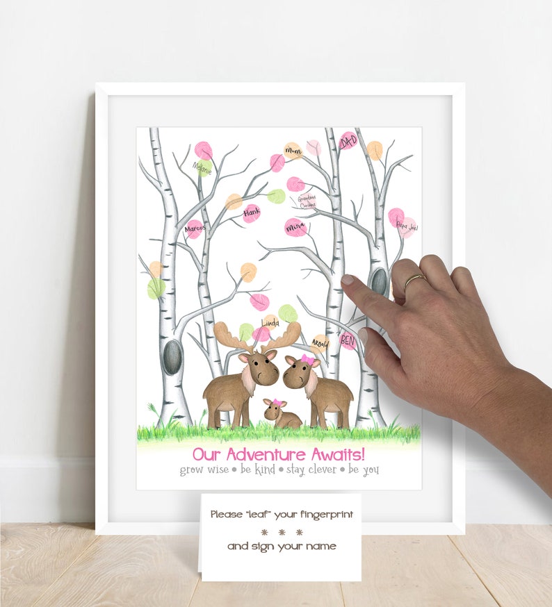 INSTANT DOWNLOAD girls moose baby shower fingerprint tree, birch tree nursery, girl baby shower ideas, woodland animal thumbprint guest book image 3