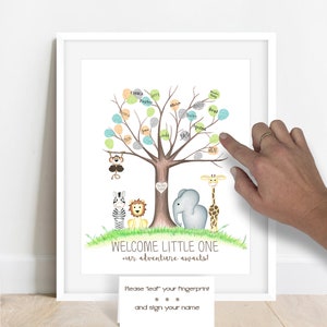 Jungle Baby Shower Fingerprint Tree, jungle safari baby shower decor idea, personalized baby shower tree, jungle baby shower thumbprint tree