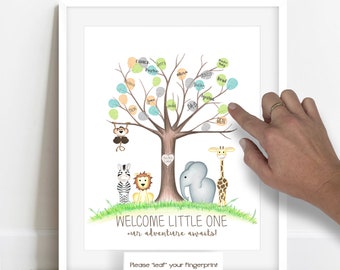 Jungle Baby Shower Fingerprint Tree, jungle safari baby shower decor idea, personalized baby shower tree, jungle baby shower thumbprint tree