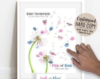 Gender Reveal Guestbook Alternative, Dandelion Thumbprint Poster, Wish Come True Baby Shower Sign, Pink or Blue Personalized Art