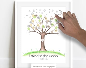 INSTANT DOWNLOAD love you to the moon and back baby shower fingerprint tree, thumb print tree guestbook alternative, moon stars, space theme