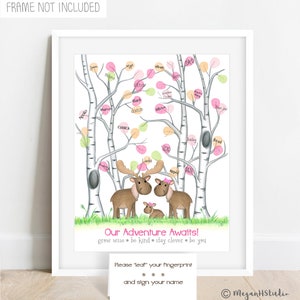 INSTANT DOWNLOAD girls moose baby shower fingerprint tree, birch tree nursery, girl baby shower ideas, woodland animal thumbprint guest book image 1