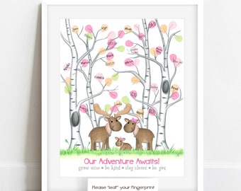 INSTANT DOWNLOAD girls moose baby shower fingerprint tree, birch tree nursery, girl baby shower ideas, woodland animal thumbprint guest book