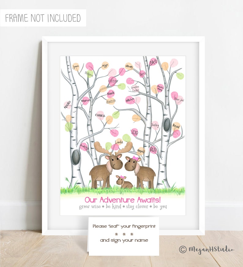 INSTANT DOWNLOAD girls moose baby shower fingerprint tree, birch tree nursery, girl baby shower ideas, woodland animal thumbprint guest book image 1