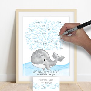 Image of a hand drawn digital watercolor painting of a gray whale with droplets of water above for friends and family to add a signature to. This image shows an example of someone adding their signature to a water droplet