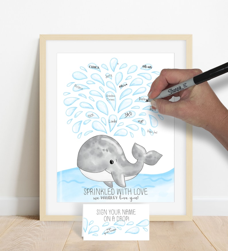 Image of a hand drawn digital watercolor painting of a gray whale with droplets of water above for friends and family to add a signature to. This image shows an example of someone adding their signature to a water droplet