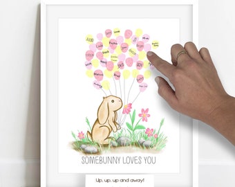 INSTANT DOWNLOAD girl's bunny baby shower fingerprint guestbook, somebunny loves you baby shower idea, girl bunny birthday party, thumbprint