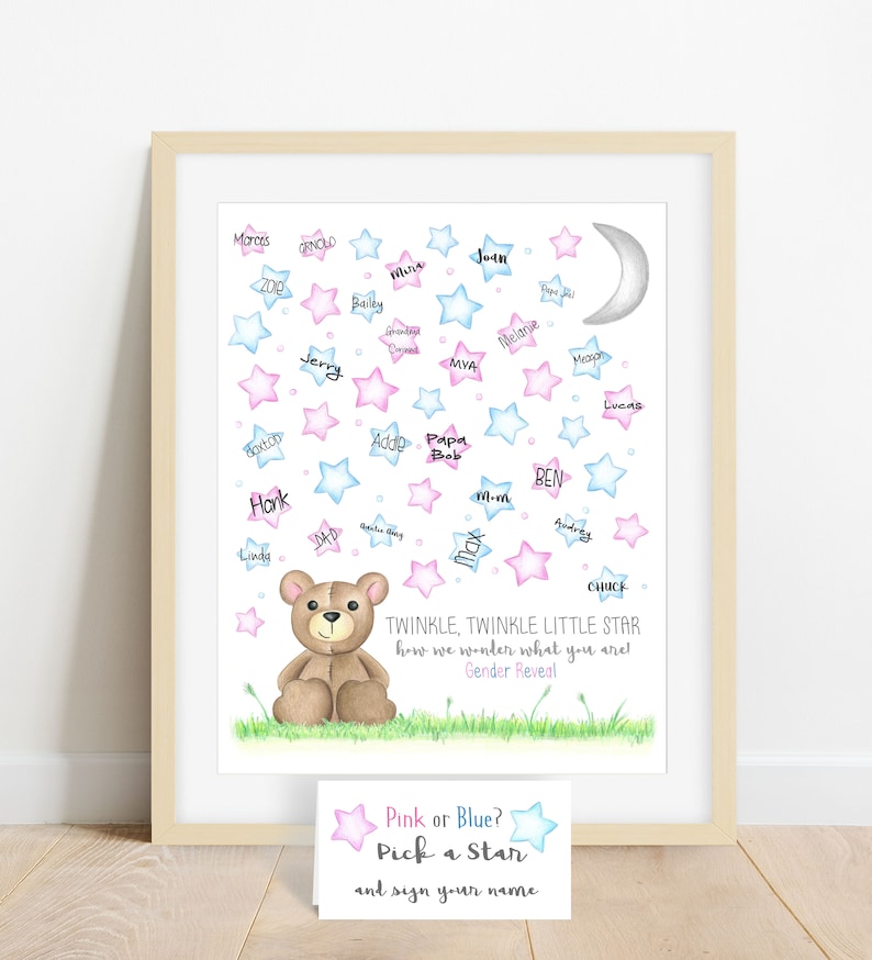 INSTANT DOWNLOAD teddy bear gender reveal, star guestbook alternative, twinkle twinkle little star, how we wonder what you are, gender guess image 4